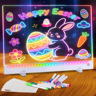 Led Drawing Board with 12 Markers, 16.5IN Light Up Message Board - 4 Light Modes 8 Drawing Stencils, Doodle Glow Led Note Board with Colors as Birthday Gifts for Boys/Grils & Valentines Day Decor