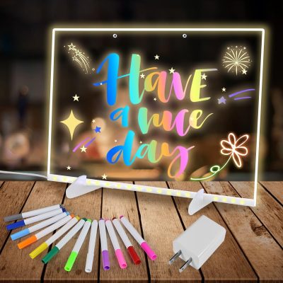 Led Drawing Board for Kids 13.7"X10" with 4 Modes & 7 Colors  Light Up Acrylic Board, Include Stand, Adapter, Hanging Chain, 12 Markers, Spray Bottle & Eraser