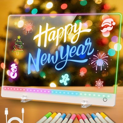 Rechargeable LED Drawing Board for Kids, 17-Inch Glow Doodle Drawing Pad with 7 Colors & 4 Light Modes, Neon Light Up Acrylic Dry Erase Note Board with Stand, Hanging Chain, 12 Markers, Birthday Gifts