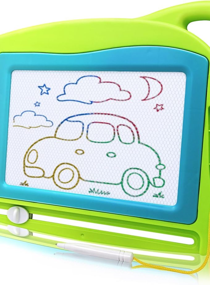 Magnetic Drawing Board Mini Travel Doodle, Erasable Writing Sketch Colorful Pad Area Educational Learning Toy for Kid/Toddlers/Babies with 3 Stamps and 1 Pen (Green)