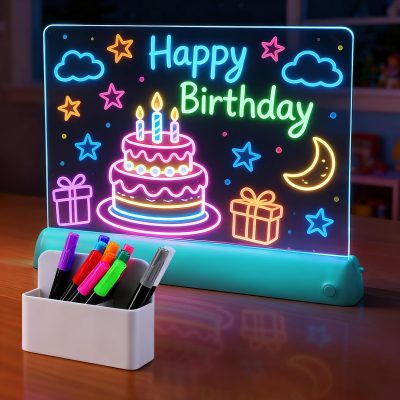 Wire Free Acrylic LED Drawing Board for Kids - 11.8x9.8in Battery Powered Light Up Note Doodle Board with 7 Colors 4 Modes/Secure Base/12 Pens/Holder, Girls Birthday Gifts, Blue