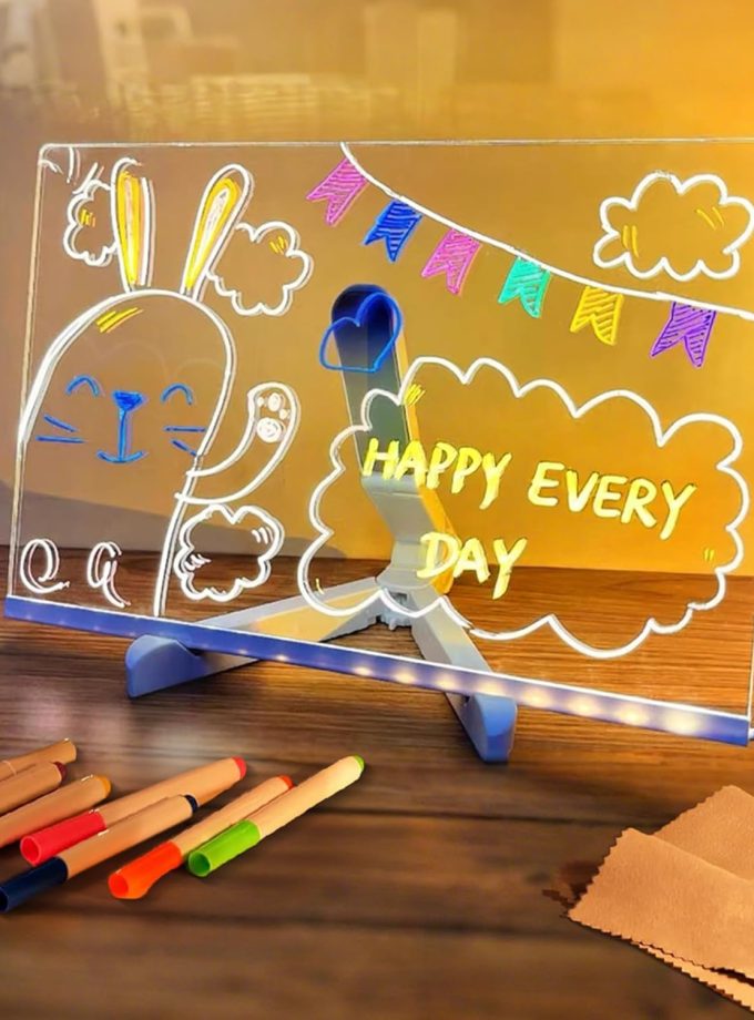 Led Drawing Board,Lighted Acrylic Dry Erase Includes 7 Markers,Copy Drawings,Wipe,LED Note Board for Kids with Stand & Hanging Chain for Gifts/Brithday/School (7.87 × 11.81 inches)