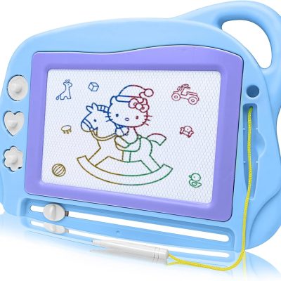 Magnetic Drawing Board Mini Travel Doodle, Erasable Writing Sketch Colorful Pad Area Educational Learning Toy for Kid/Toddlers/Babies with 3 Stamps and 1 Pen (Sky Blue)