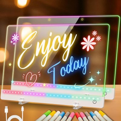 Rechargeable LED Drawing Board for Kids, 17-Inch Glow Doodle Drawing Pad with 7 Colors & 4 Light Modes, Neon Light Up Acrylic Dry Erase Note Board with Stand, Hanging Chain, 12 Markers, 2 Pack