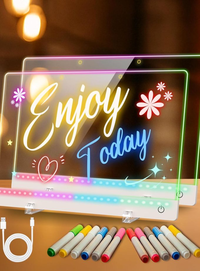 Rechargeable LED Drawing Board for Kids, 17-Inch Glow Doodle Drawing Pad with 7 Colors & 4 Light Modes, Neon Light Up Acrylic Dry Erase Note Board with Stand, Hanging Chain, 12 Markers, 2 Pack