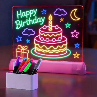 Wire Free Acrylic LED Drawing Board for Kids - 11.8x9.8in Battery Powered Light Up Note Doodle Board with 7 Colors 4 Modes/Secure Base/12 Pens/Holder, Girls Birthday Gifts, Pink