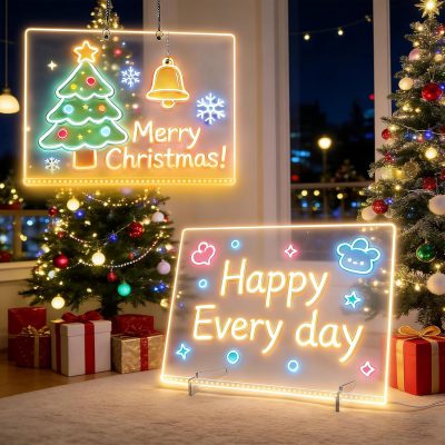 LED Drawing Board 2 Pack, 14x10 Inch LED Note Board w/ 7 Light Effects, Acrylic Light Up Glow Memo Message s, Neon Art Magic Pad w/ 7 Markers, Sketching Gift for Kids Girls Teens