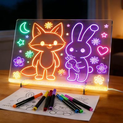 LED Drawing Board for Kids, 1 Pack LED Note Board w/ 7 Light Effects, Acrylic Light Up Glow Memo Message s, Neon Art Magic Pad w/ 7 Markers, Birthday Gift for Kids Girls Teens