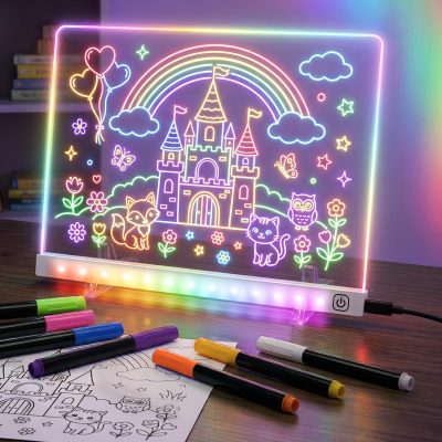 LED Drawing Board with 7 Colors - Acrylic LED Note Board with 7 Markers, Stand, Drawing Template, Dry Erase Light Up Message Pad for Room/Desk/Office,Holiday Gift for Kids(7.9"X11.8") - Corded