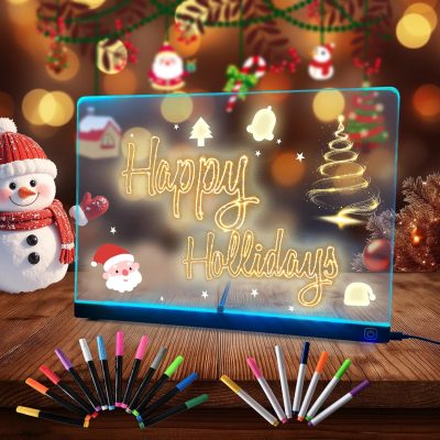 Jumbo 14'' LED Note Board with Colors, 7 Colors Switch Led Drawing Board for Kids, Include Acrylic Dry Erase Board with Light，Stand, 19 Neon Markers,Polish Cloth,Great Gift (Black)