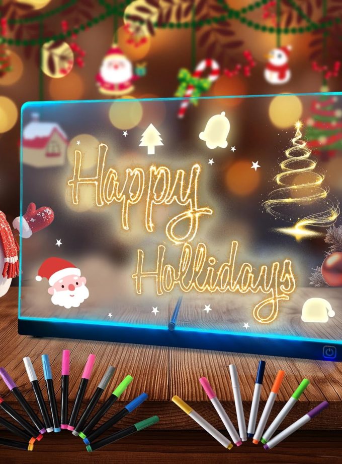 Jumbo 14'' LED Note Board with Colors, 7 Colors Switch Led Drawing Board for Kids, Include Acrylic Dry Erase Board with Light，Stand, 19 Neon Markers,Polish Cloth,Great Gift (Black)