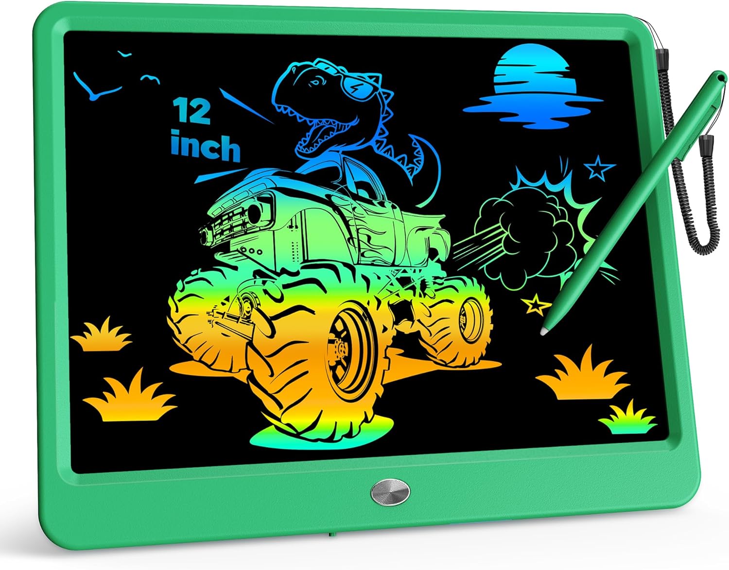 12 Inch LCD Writing Tablet with Anti-Lost Stylus Erasable Doodle Board Colorful Toddler Drawing Pad Car Travel School Games Toys for 3 4 5 6 7 8 Kids Birthday Gift for Girls Boys Adults Green