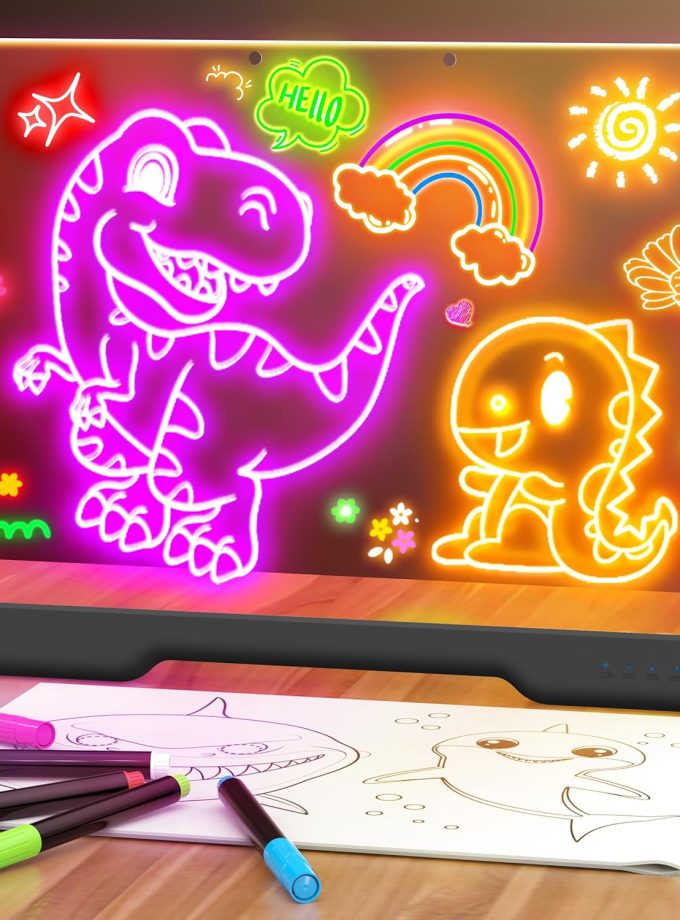 16-Inch Rechargeable Doodle Glow LED Note Board, 7-Color Light Modes, Neon Art Dry Erase Light Up Drawing Pad with Built-in Stand, Sketching Gift Toy for Kids/Girls/Teens, 5 Markers & Tracing Book